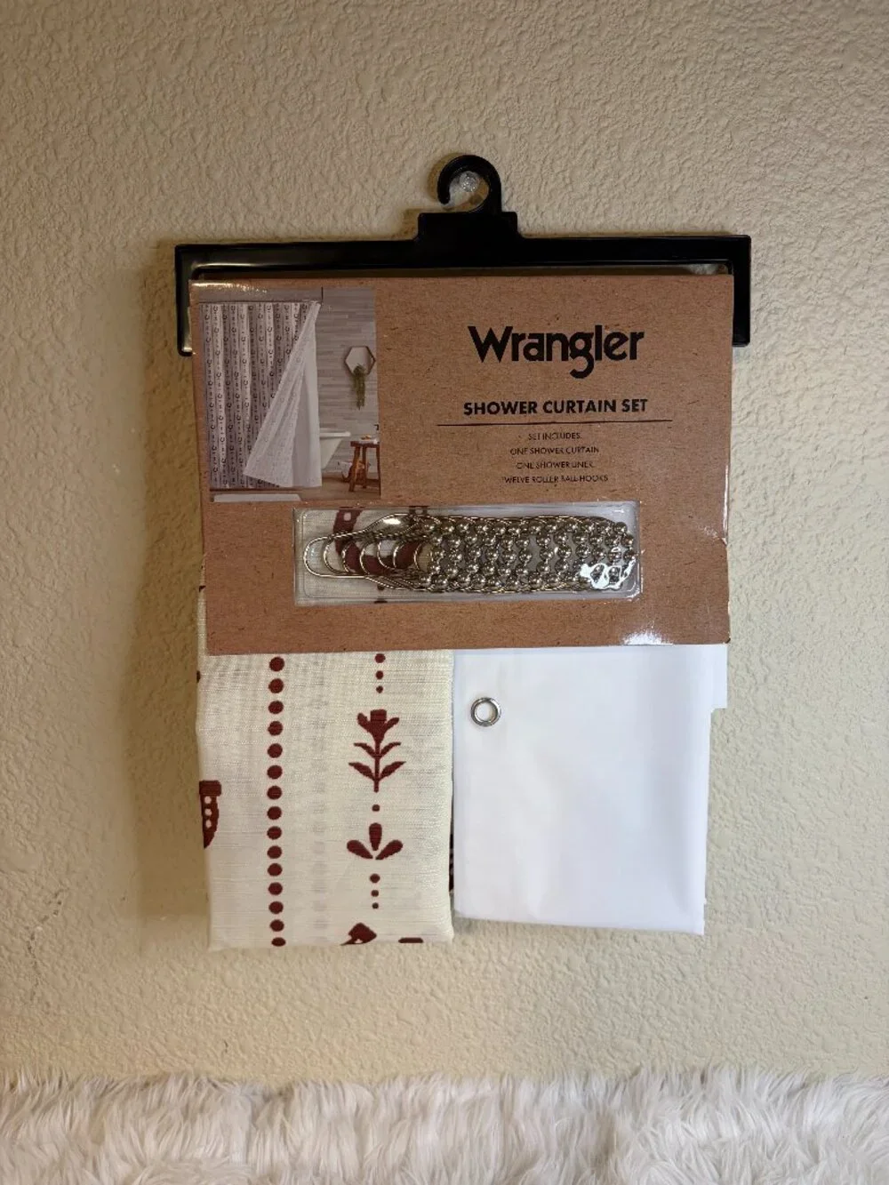 Wrangler Western Horseshoe Shower Curtain Liner Hooks 14 Piece Set 72x72 NWT